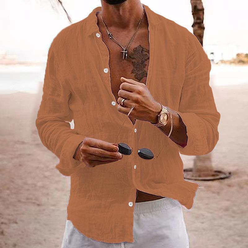 2023 New Men's Shirt Solid Color Loose Single-Breasted Turn-Down Collar Cotton Linen Long Sleeve Top_voghion.com