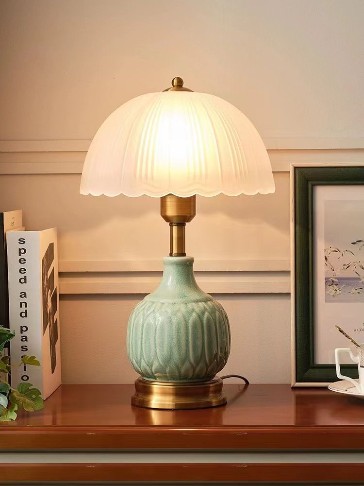 European Style Table Pastoral Ceramic Glass LED Study Desk Smart Lighting Bedroom Decorative Bedside Lamp_voghion.com