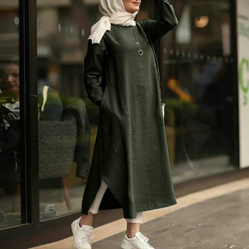 Vintage Ramadan Muslimische Damen Langes Top Kleid Abaya Split Midi Kleid Volle Ärmel Vestidos Weibliche Solide Taschen Robe Abayas_voghion.com