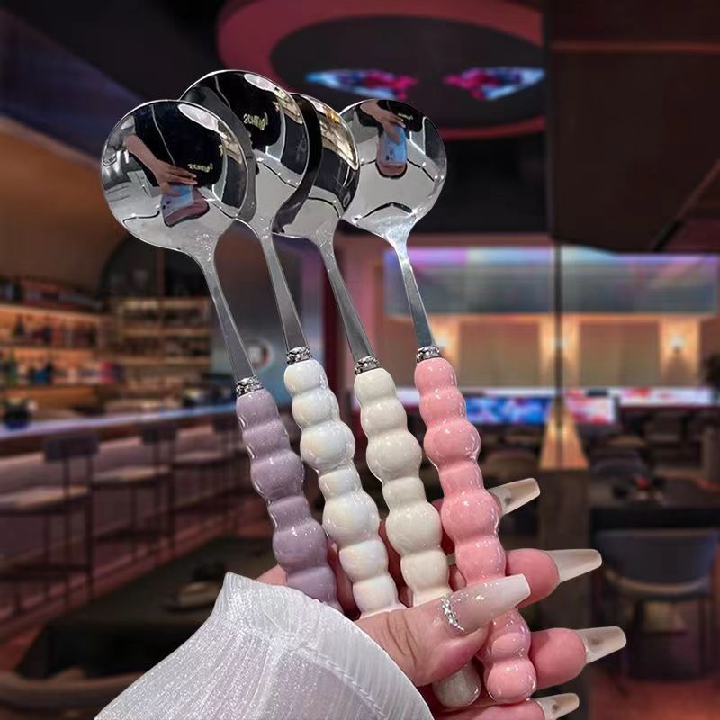 Cucchiaio rotondo con manico lungo, piccolo, per zuppa, per ragazze, in acciaio inossidabile e plastica, per uso domestico, per mangiare_voghion.com