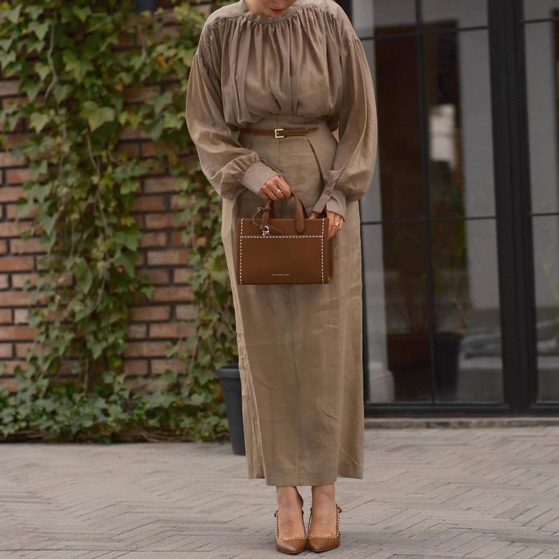 Elegant Long Sleeve Blouse With High-Slit Midi Skirt Set - Breathable Chiffon & Stretchable Fabric For Office & Casual Wear (S-XXL, Beige)_voghion.com