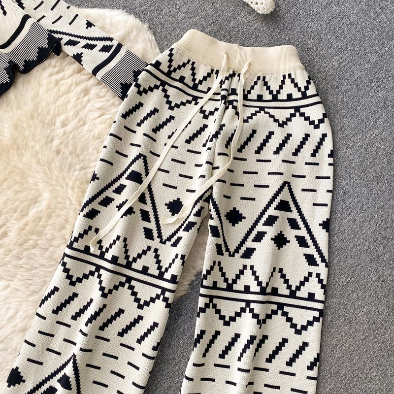 Abbigliamento da donna Completo in maglia leggero e lussuoso stampato in mille colori oro per donna autunno e inverno top con cerniera larga + pantaloni aderenti a vita alta_voghion.com