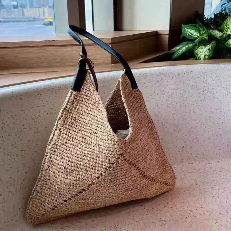 Borsa da donna grande a triangolo, in paglia, intrecciata a mano, stile francese, con tracolla singola, nuova, in rafia cava, per le vacanze sulla spiaggia_voghion.com