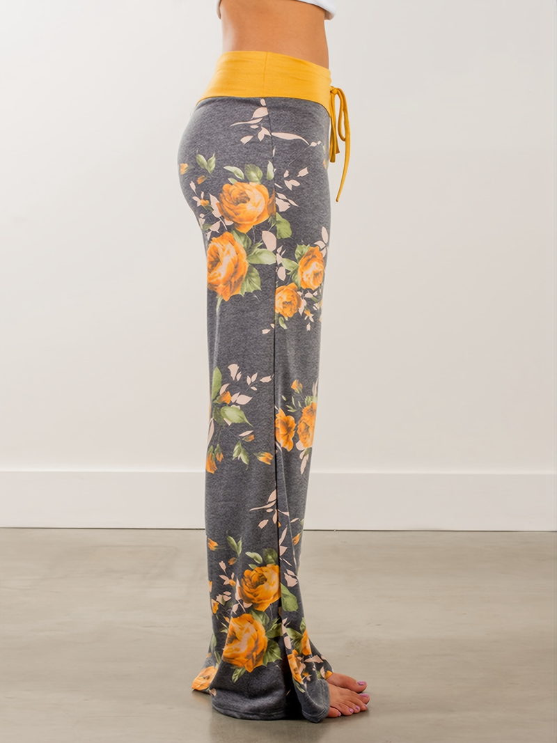 Plus Size Floral Print High Rise Drawstring Long Pants, Women's Plus Slight Stretch Loose Casual Pants_voghion.com