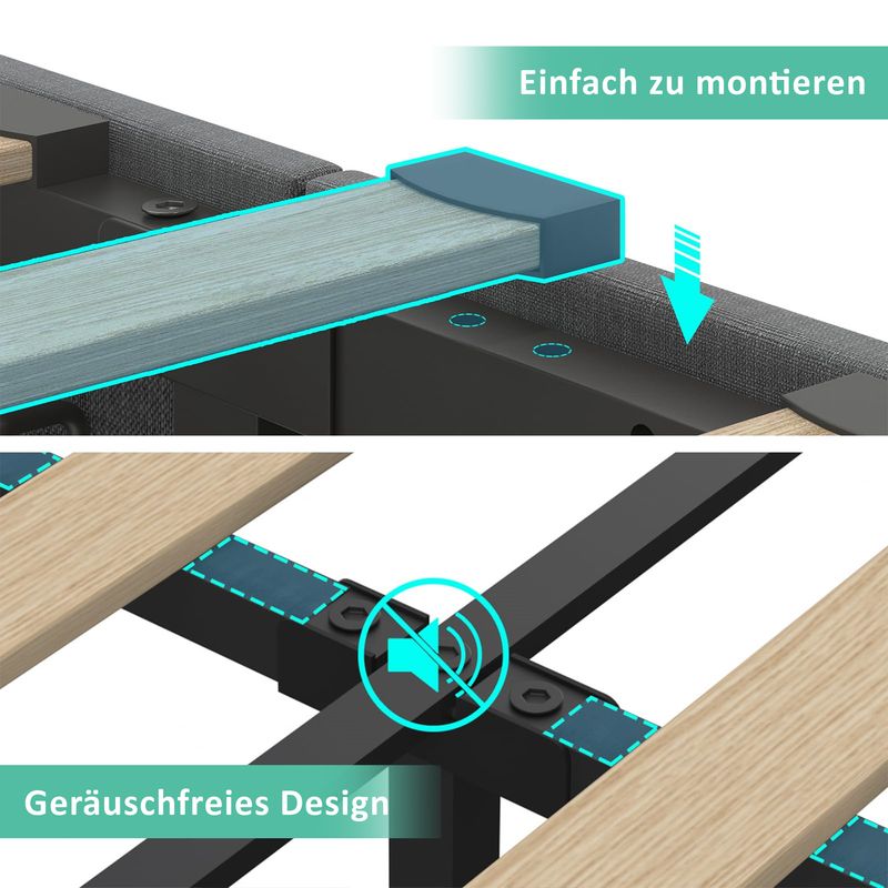 Lit double avec rangement et lattes en bois, chargement USB Type-C, éclairage LED et 4 tiroirs, gris (matelas non inclus). Lit enfant 140 x 200 cm._voghion.com