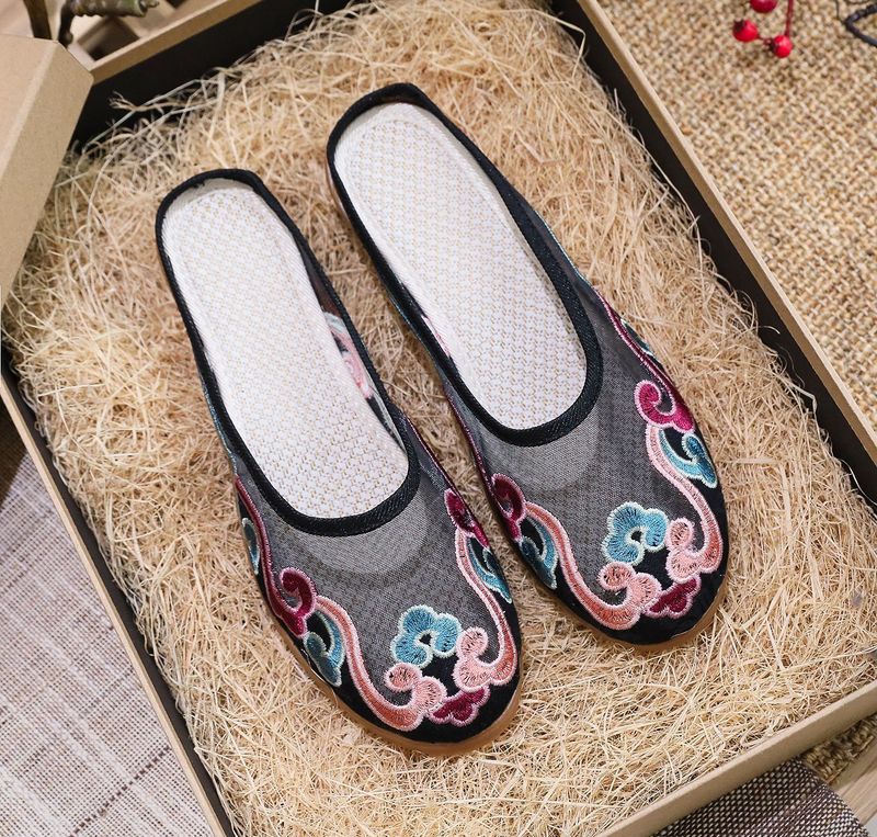 Slippers, Mesh Embroidered Fabric Shoes, Summer Cow Tendon Soles, Casual Women's Outerwear Sandals_voghion.com