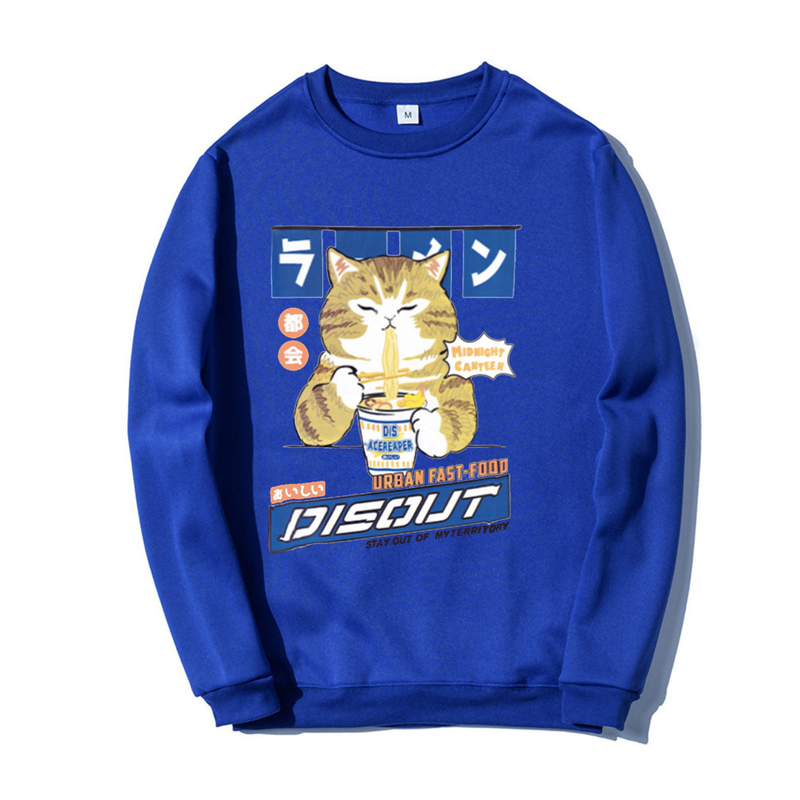 Herbst und Winter Neuer Katzen-Cartoon-Print-Rundhalspullover für Männer und Frauen mit weißem Boden, lässigem Fleece_voghion.com