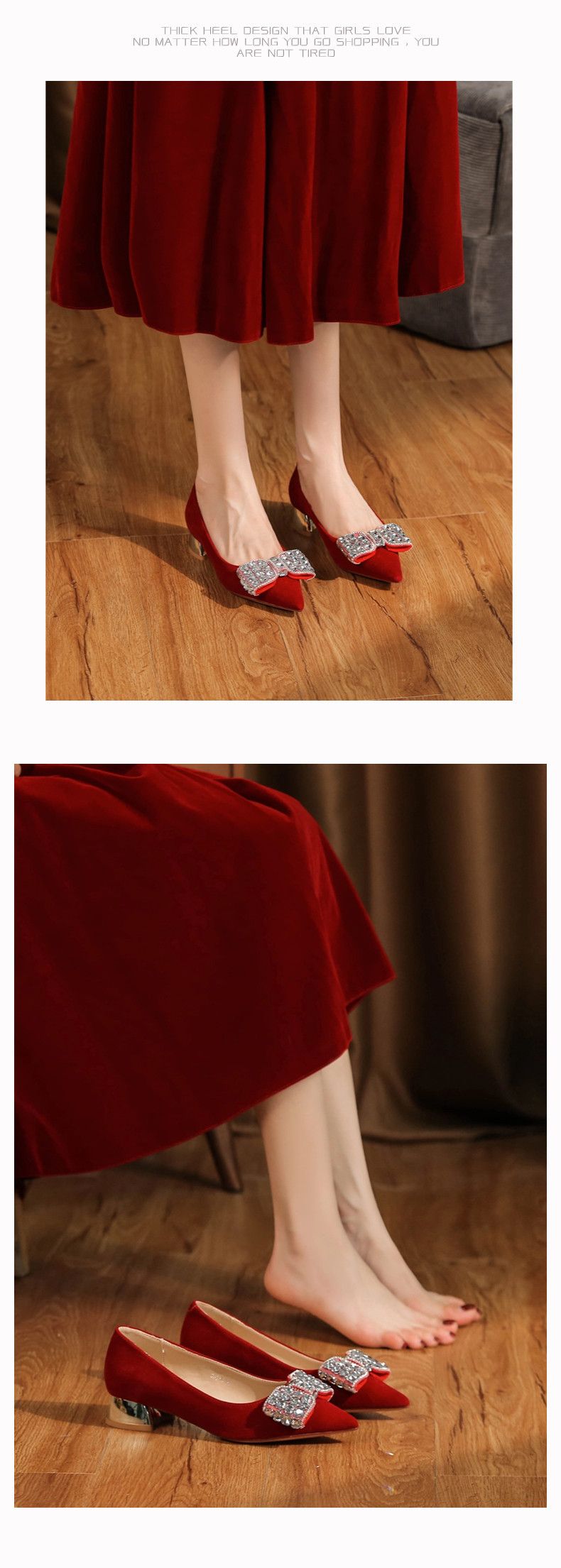 3333H-059 Thick Heel Suede Red High Heels With Rhinestone Bowknot For Banquet Wedding Comfortable Women's Shoes_voghion.com
