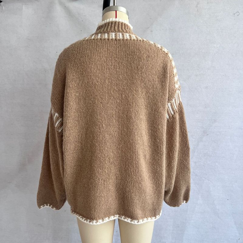 Maglione casual a collo alto con ricamo a mano, nuovo modello da pendolare, autunno e inverno, in contrasto di colore, per donna_voghion.com