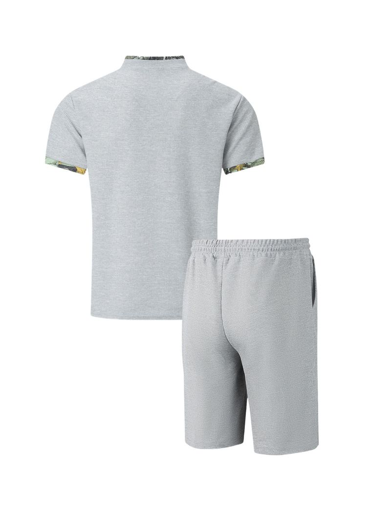 Men's Waffle Knit Short Sleeve Stand Collar Shirt & Shorts Set - Summer Casual Outfit With Color Block Design_voghion.com