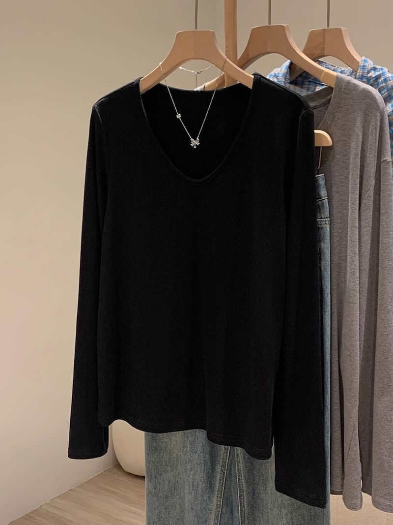 Maglietta bianca basic da donna, semplice maglietta tinta unita con scollo a V, scollatura a V, versatile manica lunga interna 2025 primavera_voghion.com