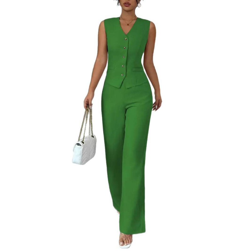 Elegante completo da donna con gilet e pantaloni senza maniche in tinta unita - Misto poliestere traspirante, antipiega, adatto per ufficio e casual (S/M/L/XL)_voghion.com