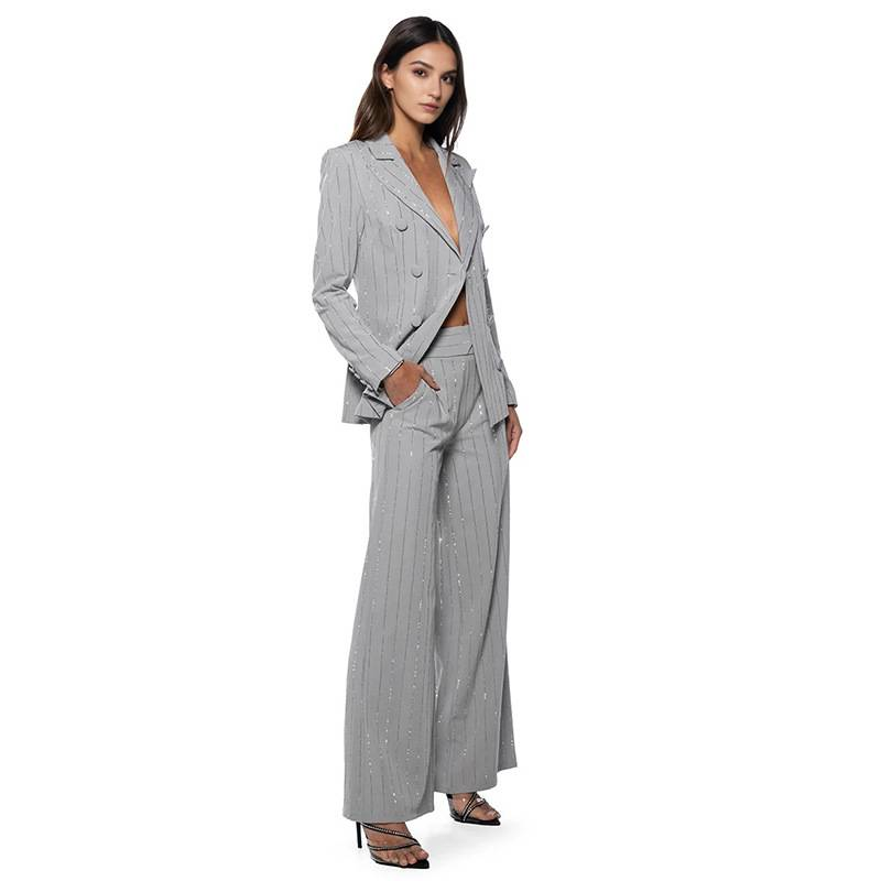 Conjunto de terno feminino elegante com detalhes em strass - Blazer e calça slim fit para escritório e uso noturno (preto/cinza/branco, M-XXL)_voghion.com