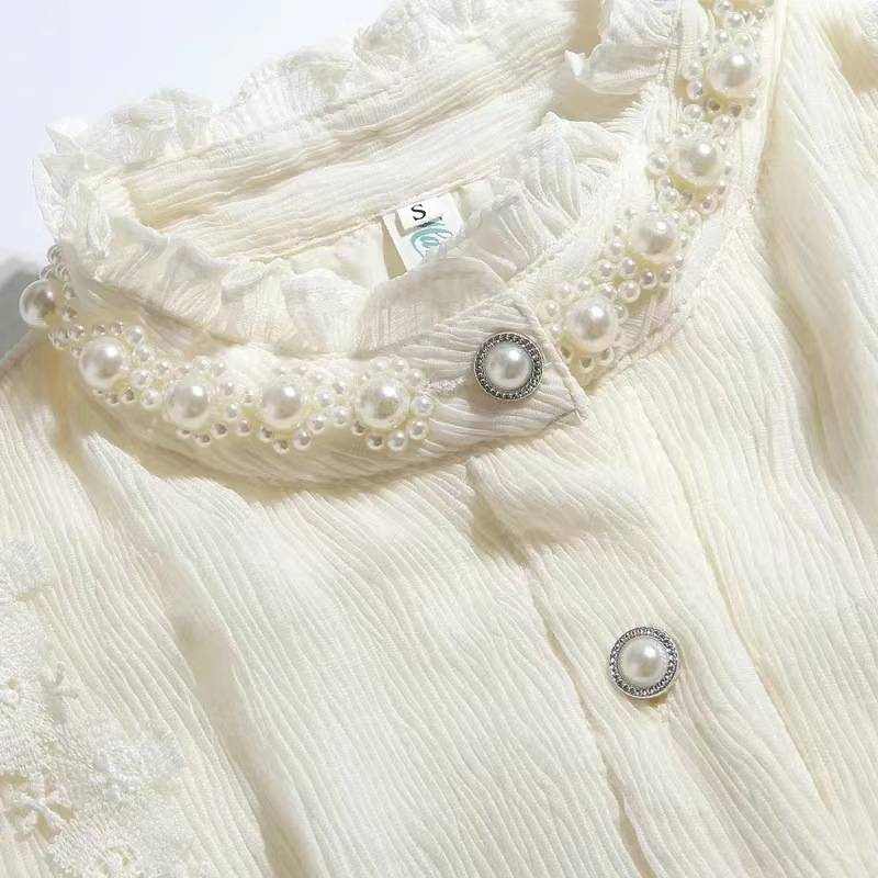 Vintage Lace Blouse – Pearl-Trimmed High Neck With Bishop Sleeves (S-2XL, Shell & Fleece Lined, Polyester Chantilly Lace, Baroque Office Romance)_voghion.com