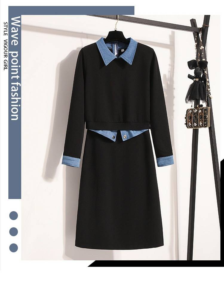 Plus Size Women's Casual Denim Patchwork Hoodie & Midi Skirt Set – Flattering & Stylish Two-Piece Outfit_voghion.com
