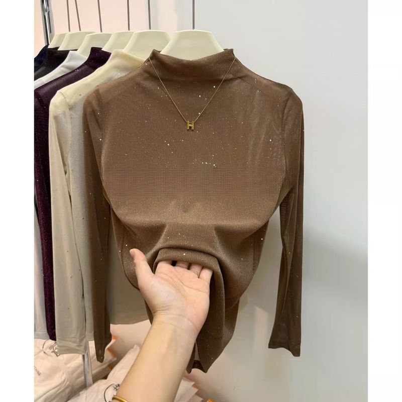 Top en maille transparente à col montant – Chemisier à sequins coupe ajustée à superposer (7 couleurs, M-XL)_voghion.com