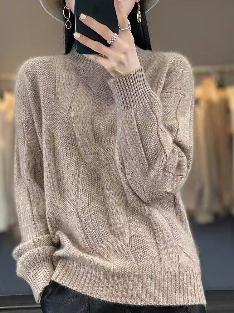 Grobstrickpullover mit hohem Kragen – Oversize-Strickoberteil für Damen mit Zopfmuster (6 neutrale Töne)_voghion.com