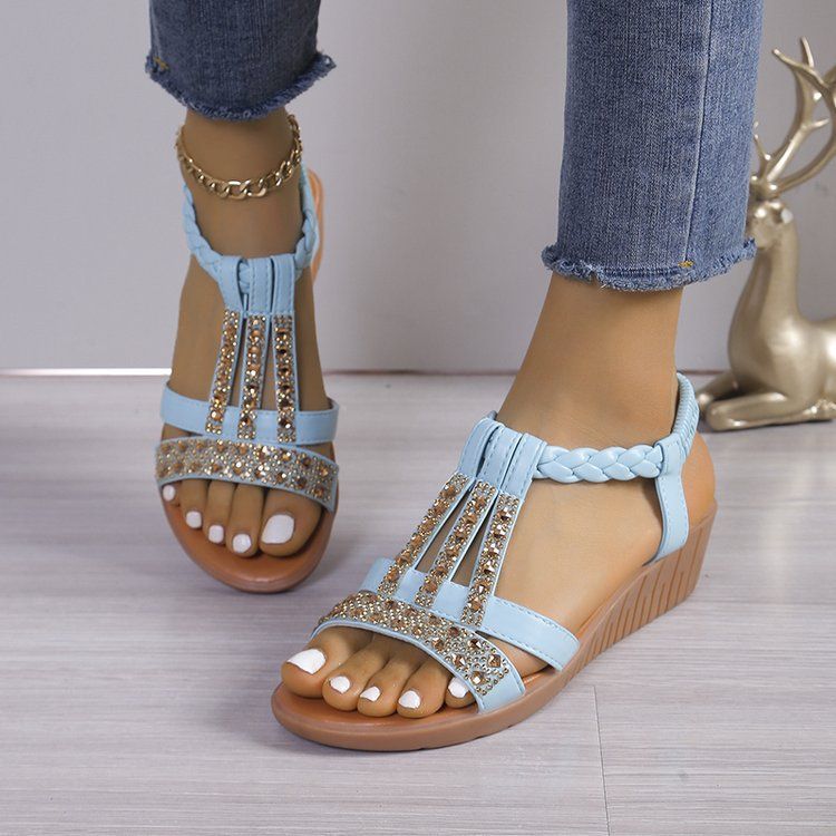 Chaussures pour femmes, mode d'été, bouche de poisson, ensemble pied, talon compensé, mode loisirs, grande taille, sandales bohèmes à strass_voghion.com
