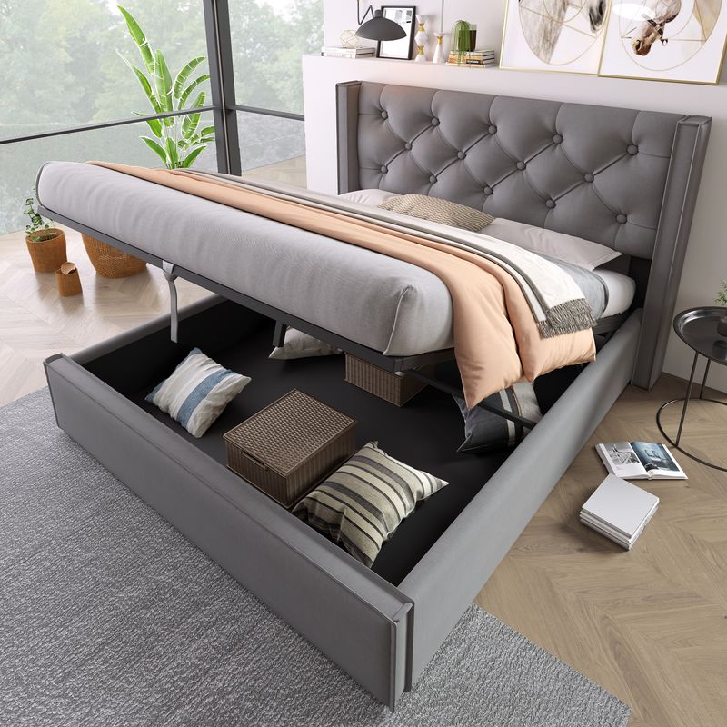 Cadre de lit coffre hydraulique avec sommier à lattes, lit double rembourré moderne 140 x 200 cm, tissu coton, gris, structure en métal_voghion.com