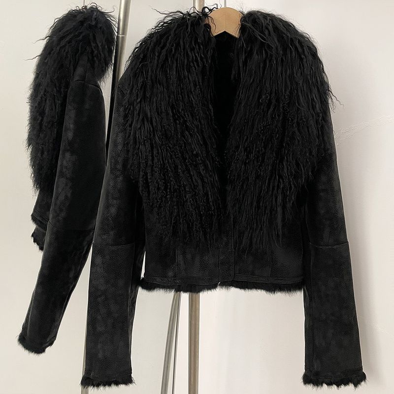 Kurzer Damenmantel aus Wildleder und Kunstpelz mit echtem Lammfellkragen und Kaninchenfellfutter, trendige Winterjacke für Streetwear und Ausgehen_voghion.com