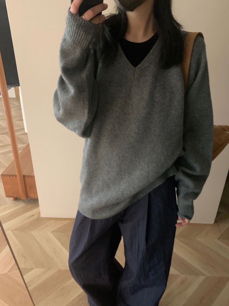 Pull tricoté ample à capuche en velours de raton laveur gris pour femme, col en V, doux et gluant, automne et hiver_voghion.com