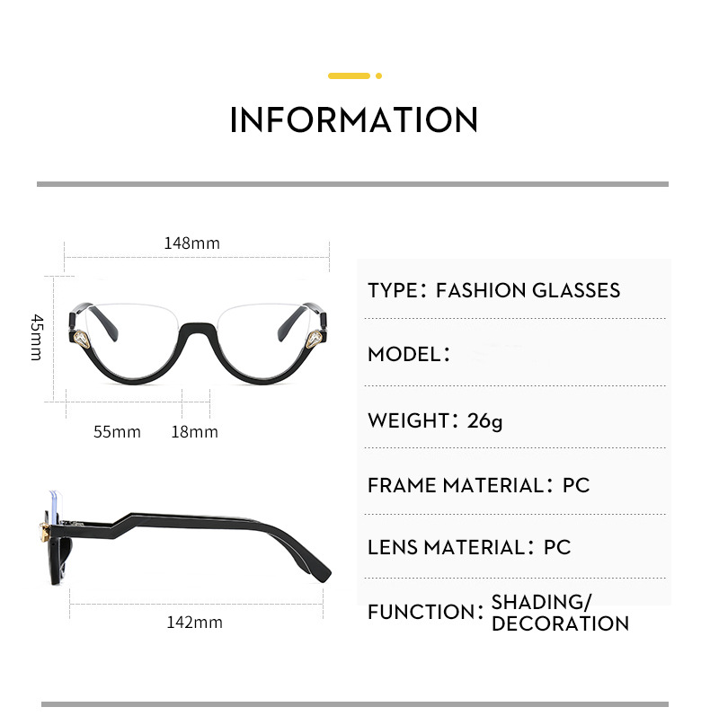 Cat's Eye Hanging Silk, New Anti-blue Glasses Frame, Half Frame with Diamonds, Retro Flat Glasses, Glasses Frame._voghion.com