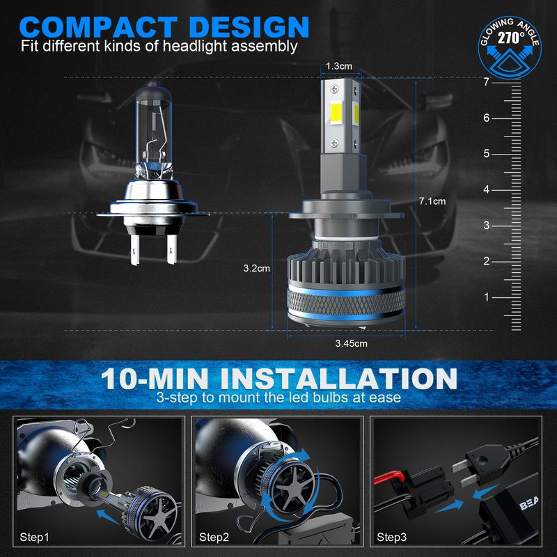Lampadina per fendinebbia Plug&Play CSP 100W H7 LED T3 9005/12 H11 D2 con lente dedicata per auto, luce bianca 6000K, 18000LM_voghion.com