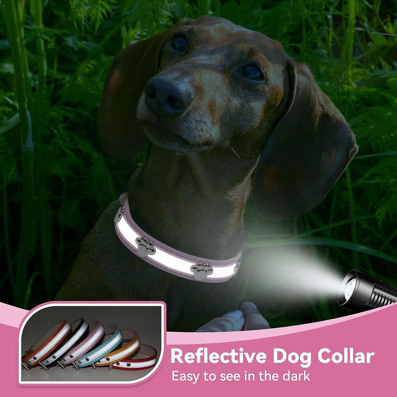 SQCLV Reflective Dog Collar With Cute Paw Rivet Studded Funny Soft PU Leather Adjustable Puppy Dog Collars For Small Medium Large Dogs Cats (Pink,Smal_voghion.com