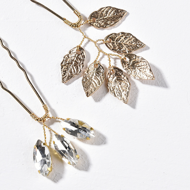 Antico copricapo Hanfu in lega foglia semplice forcina strass sposa accessori per abito da sposa set di 6_voghion.com