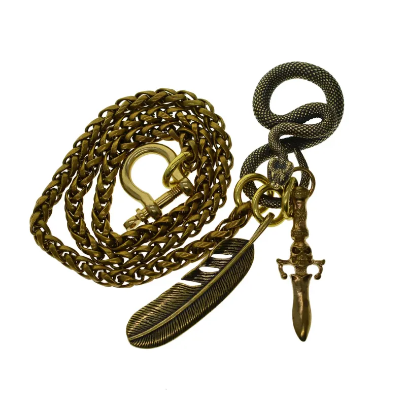 Portachiavi con gancio a forma di serpente in ottone massiccio, per pantaloni da motociclista, con catena, teschio, pugnale, piuma, regalo Edc 250430_voghion.com