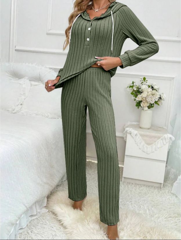 Women's Casual Ribbed Fleece Hooded Button-Up T-Shirt & Pants Lounge Set - Soft Comfortable Home Wear Outfit_voghion.com