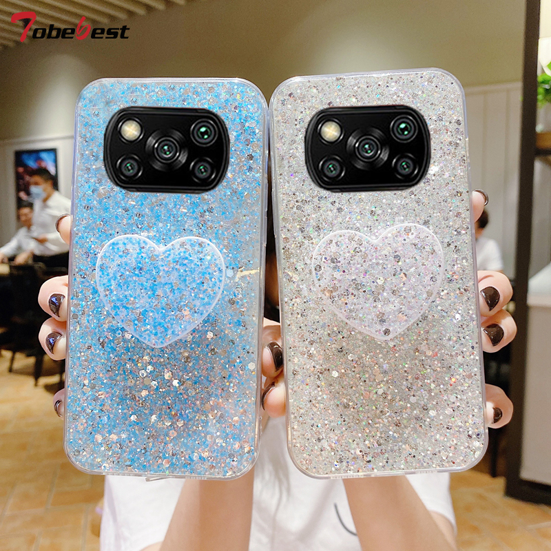 Läikiv Glitter Heart Love telefonihoidja ümbris Xiaomi POCO X3 NFC M3 Pro Coque pehme silikoonkaanele_voghion.com