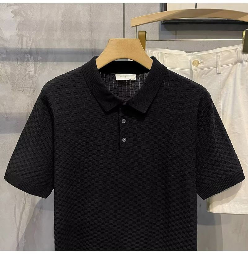 Herrenbekleidung Sommer New Ins Revers Kurzarm Poloshirt Herren Leichtes Luxus All Match Einfarbiges Kariertes Textur T-Shirt_voghion.com