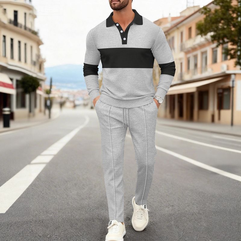 Men's Clothing Men's Waffle Knit Long Sleeve T-Shirt & Pants Lounge Set – Stylish Two-Piece Outfit In Black, Grey, Khaki, Dark Green, Wine Red_voghion.com