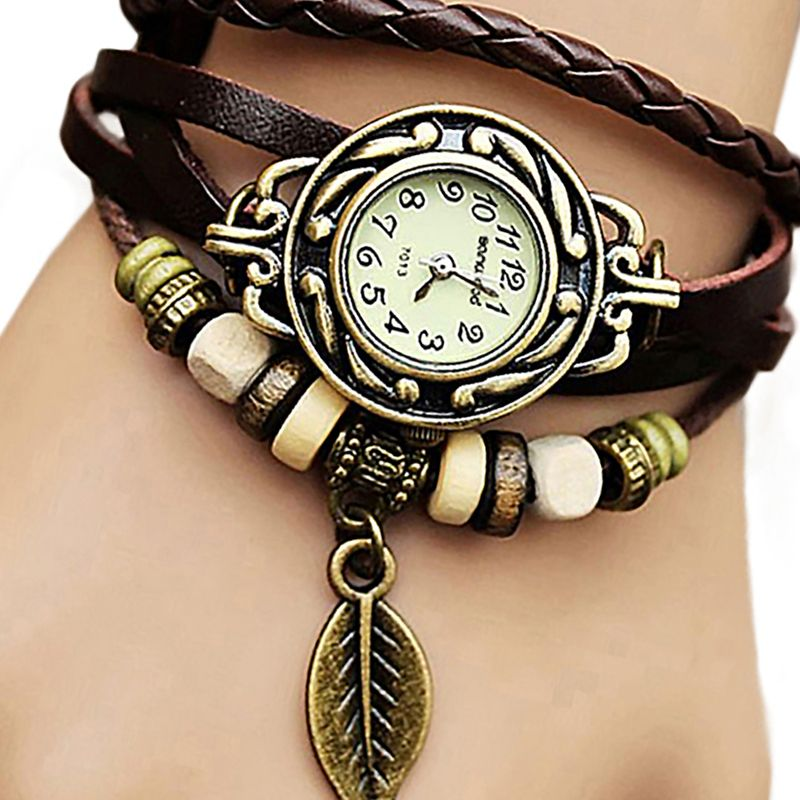 Yamaler Retro Multilayer Leaf Pendant Bead Braided Faux Leather Quartz Bracelet Watch_voghion.com