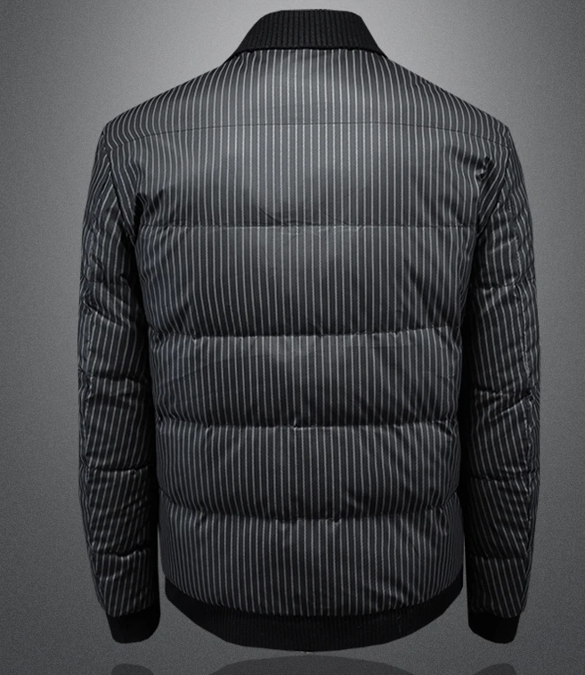 Gestrickte Hemdkragen Daunenjacke Herren 2024 Winter Neue Casual Verdickung Modemarke Gestreifter weißer Entendaunenmantel Männer_voghion.com
