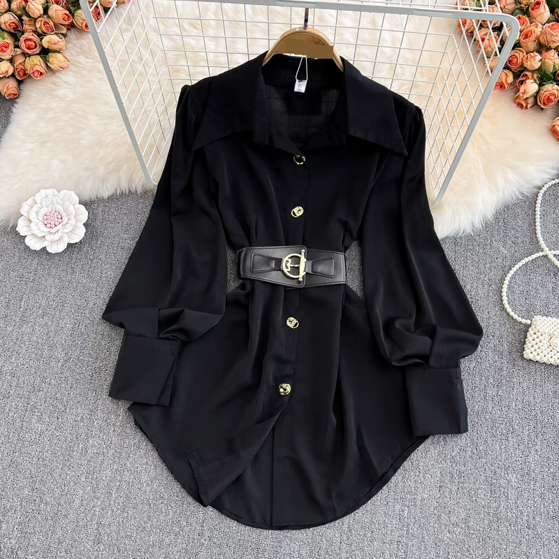 Dameskleding Lente Retro Stijl Temperament Taille Afslankend Geplooid Lange Mouw Shirt Korte Rok_voghion.com