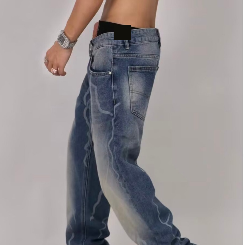 Vintage Washed Distressed Jeans For Men – High Street Hip-Hop Slim Fit Bootcut Denim Pants (Blue )_voghion.com