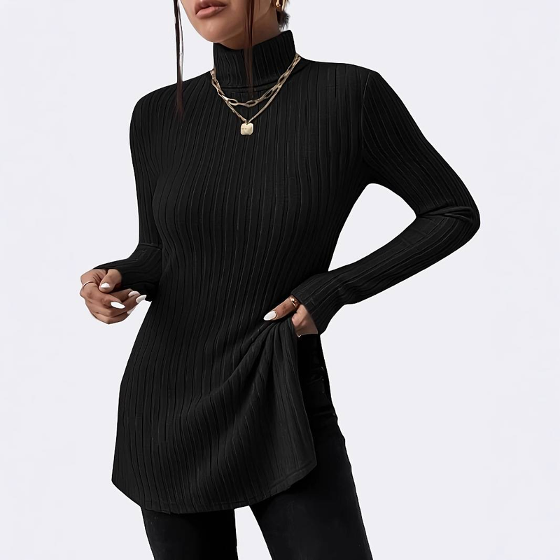 T-shirt da donna a maniche lunghe a coste, collo alto, orlo diviso, vestibilità attillata – Top casual in maglia elasticizzata Abbigliamento da donna_voghion.com