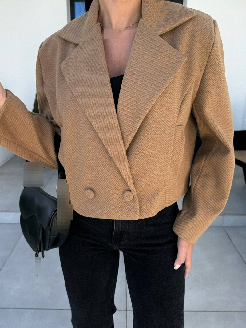 Eleganter Blazer aus Wollmischung im britischen Stil mit fallendem Revers – Kurzärmliger Zweireihermantel für Damen, Büro- und Freizeitkleidung_voghion.com