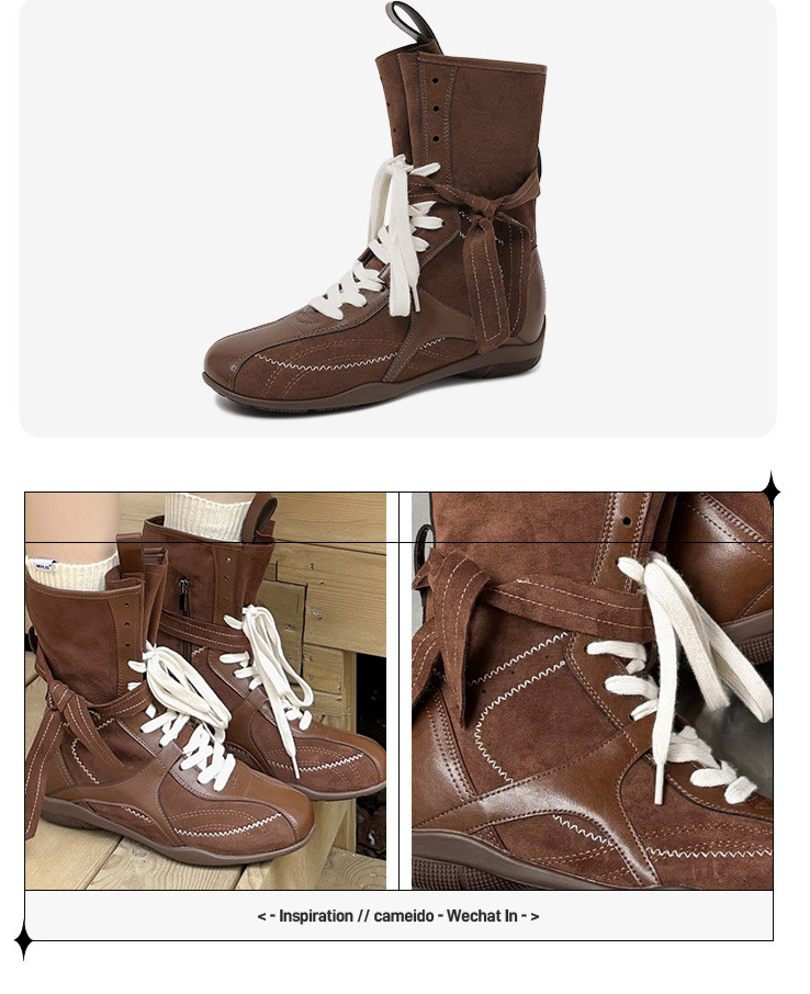 Botas de boxe femininas Cameido, moda marrom, cano médio, casuais, com cadarço, esportivas para o outono_voghion.com