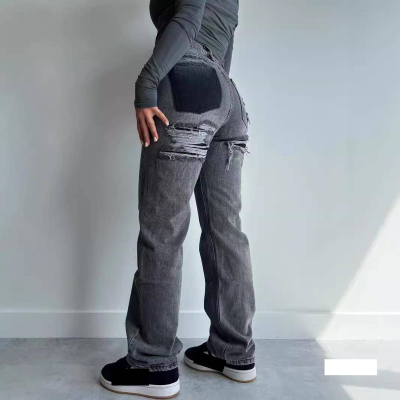 Women's Low-Rise Straight Leg Distressed Jeans - Light Blue Washed Denim Pants For Petite & Regular Sizes_voghion.com