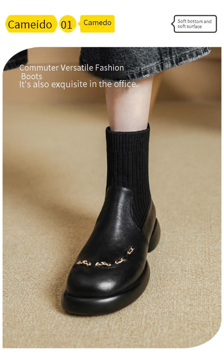 Cameido Damen-Stiefel aus Leder mit elastischem Strick und klobigem Absatz, kurze Stiefel im britischen Stil, Schlankheitsstiefel_voghion.com