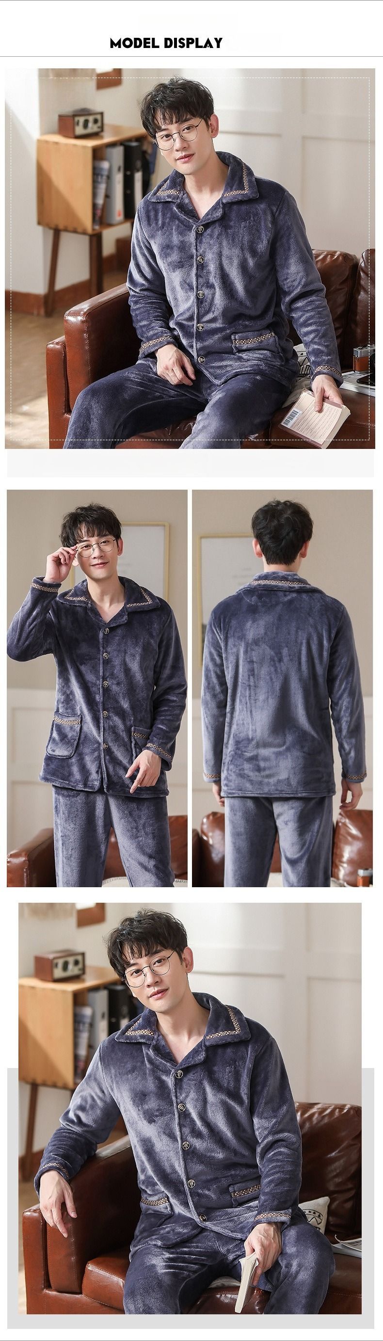Autumn And Winter Thickened Flannel Pajamas Men's Youth Cardigan Long-sleeved Fleece Warm Coral Fleece Men's Suit Large Size_voghion.com