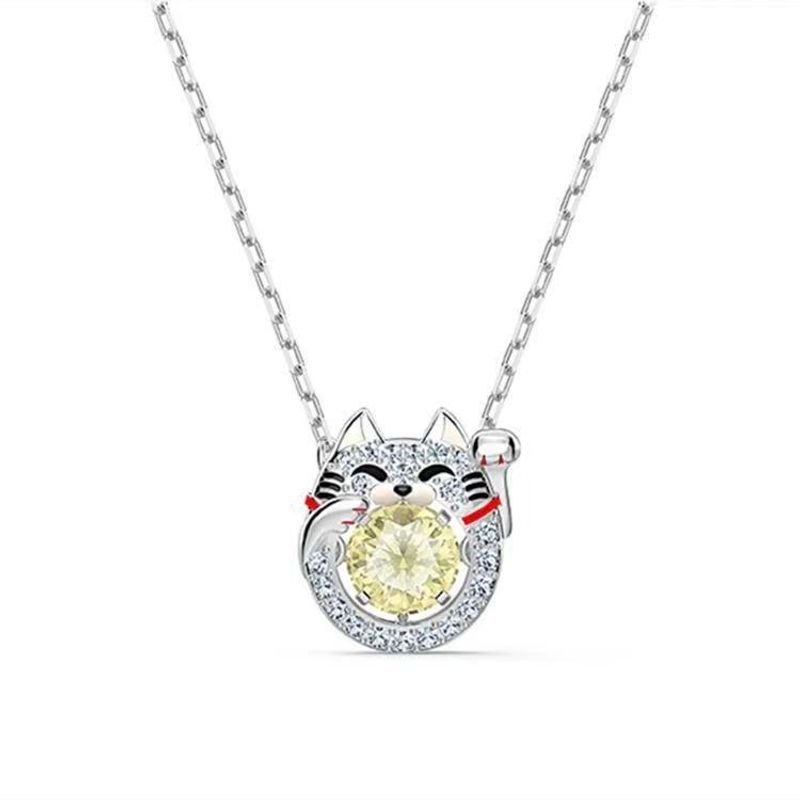 Beating Heart Lucky Cat Female Elements Crystal Chinchilla Clavicle Necklace_voghion.com