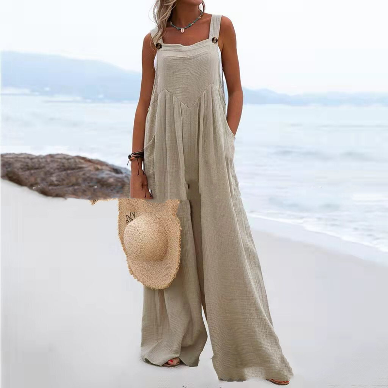 Summer New Women's Fashion Ethnic Style Solid Button Strap Jumpsuit Wide Leg Pants C111_voghion.com