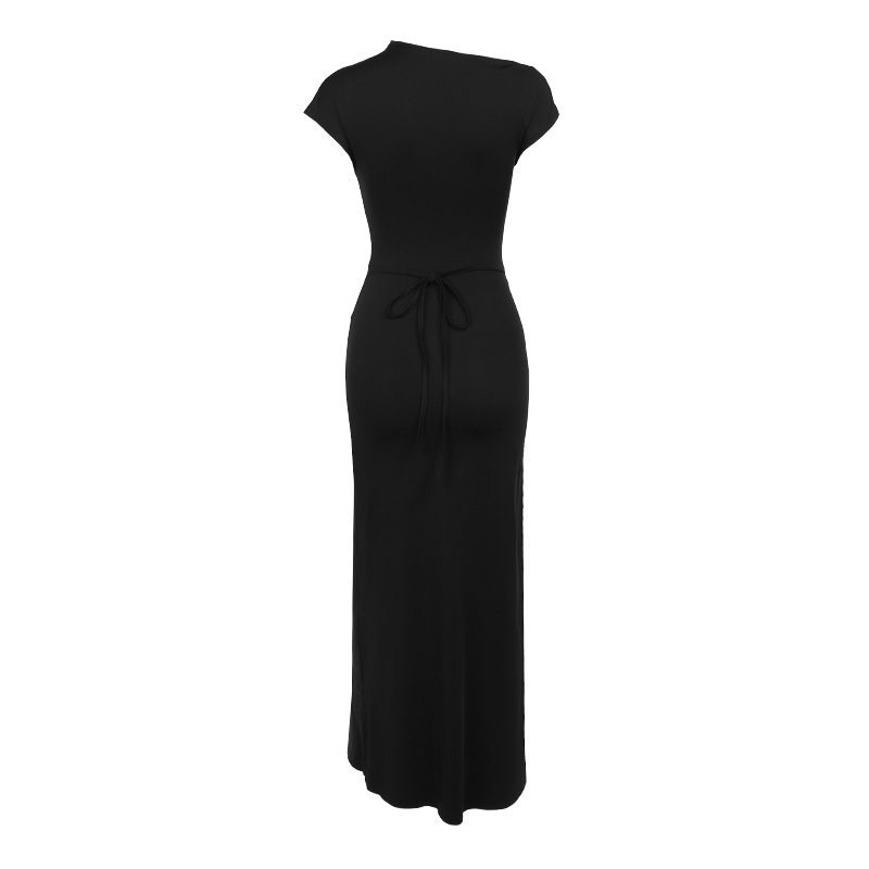 XY24158 Été 2024 Nouvelle robe longue coupe slim avec taille cintrée sexy, manches courtes torsadées et fendues_voghion.com