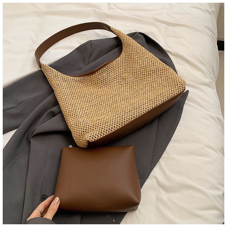 Borsa di paglia Borsa intrecciata Borsa di paglia intrecciata vintage Capacità Borsa a tracolla singola Borsa da ascella Borsa da spiaggia Borsa da vacanza_voghion.com