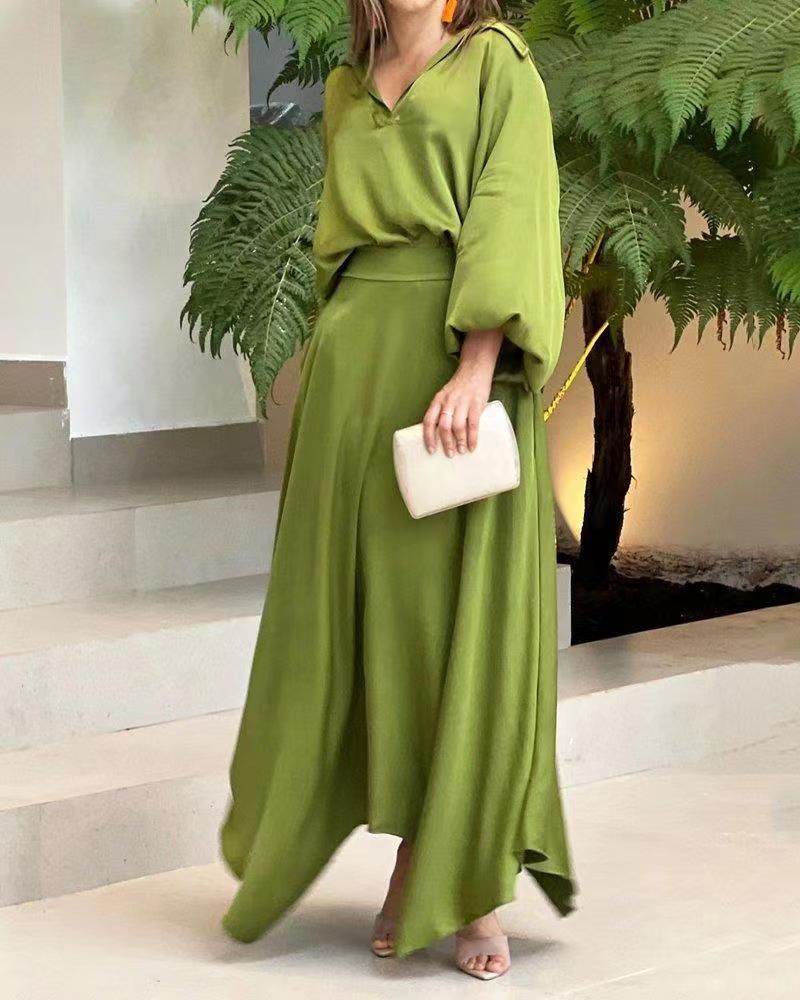 Women's Oversized Long Sleeve Top & High Waist Maxi Skirt Set – Breathable Loose Fit Two-Piece Outfit (S-XXXL, 6 Soft-Toned Colors)_voghion.com