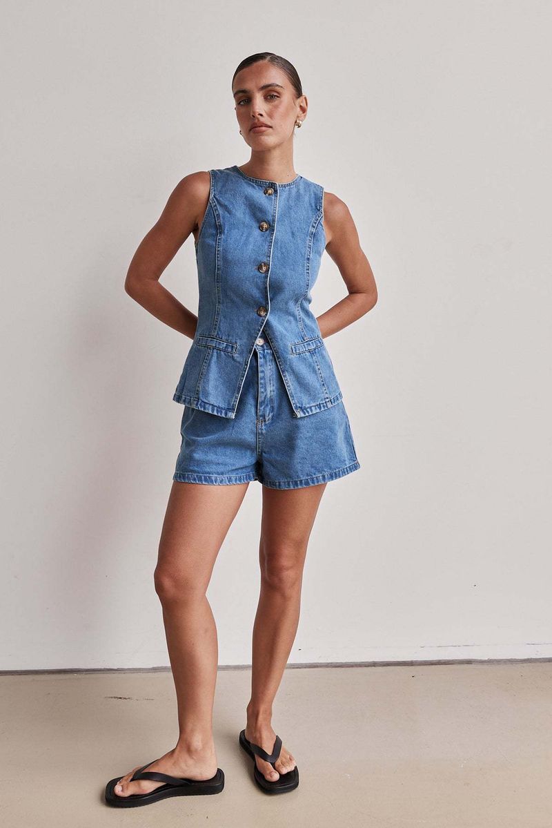 Damenbekleidung Mode Ärmellose Taille Hohe Taille Lose Denim Shorts Set_voghion.com